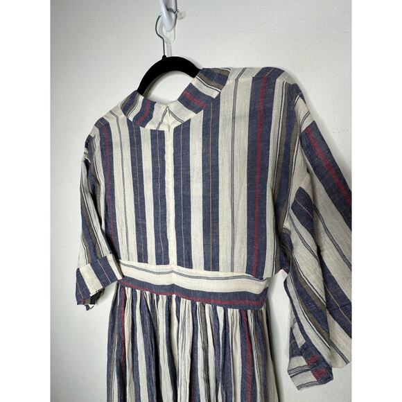 Three Graces London Ferrer Tan Blue Red Stripe Short Cuff Sleeve V-Neck Dress 10 - Picture 10 of 16